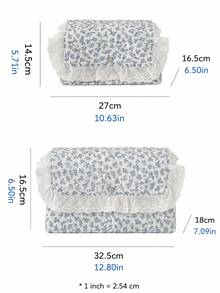 Cream White Base Blue Floral Quilted Storage Basket, Available In Multiple Sizes, Lace Ruffle Flap Design, Fabric Organizer Bin For Vanity Cosmetics - View 2