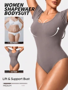 1 pieza Mono de cuello redondo de manga corta gris, diseño de espalda cruzada con lazo y hueco, entrepierna con broches, control de abdomen sin costuras con elasticidad en 4 direcciones, suave y cómodo para la piel, se puede usar como capa interior o exterior, combinar con jeans, faldas para ir al trabajo, volver a la escuela, fiesta, Halloween, fitness, casual, calle, mono base para capas diarias - Púrpura polvoriento - Ver 1