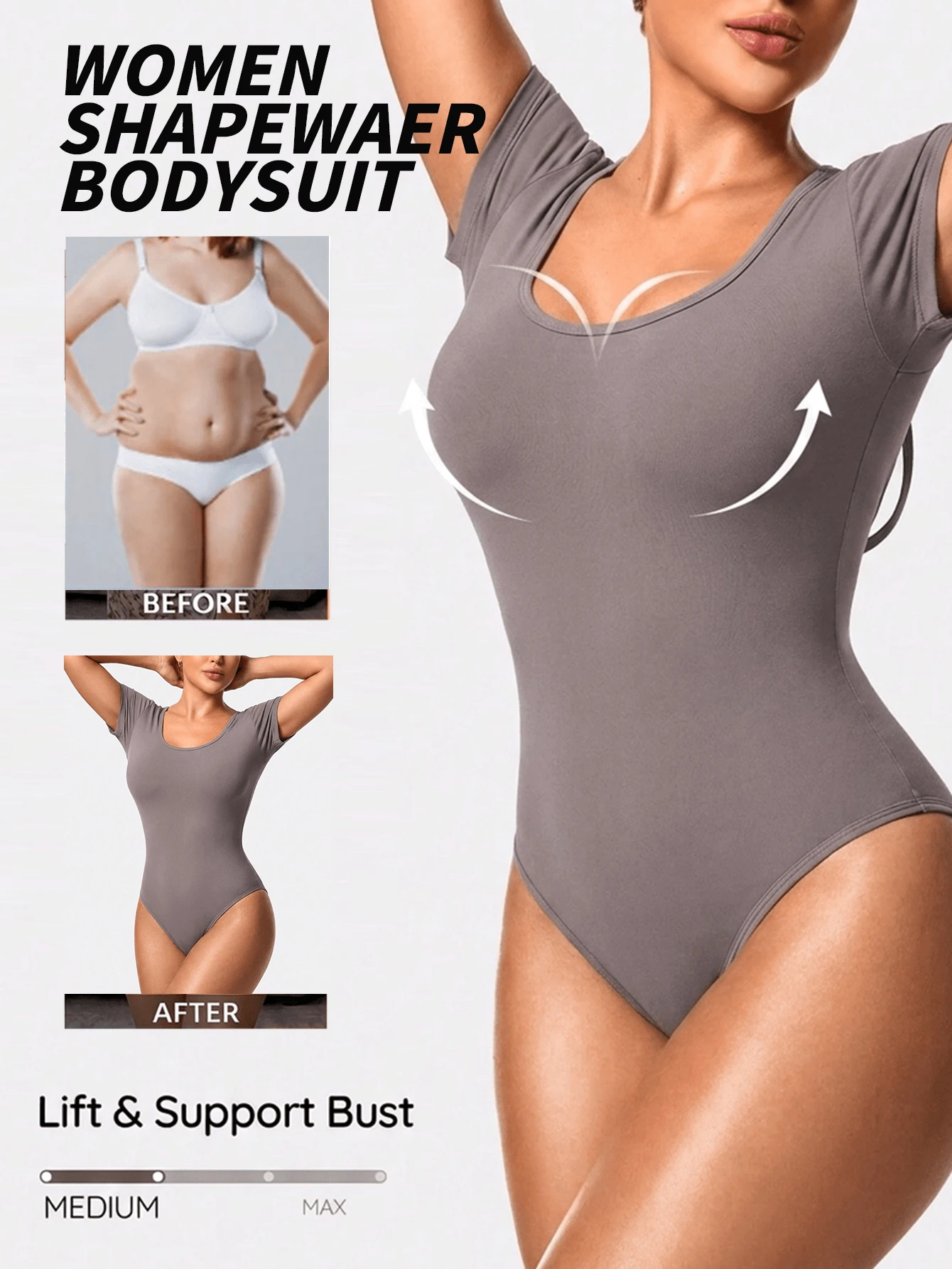 1 pieza Mono de cuello redondo de manga corta gris, diseño de espalda cruzada con lazo y hueco, entrepierna con broches, control de abdomen sin costuras con elasticidad en 4 direcciones, suave y cómodo para la piel, se puede usar como capa interior o exterior, combinar con jeans, faldas para ir al trabajo, volver a la escuela, fiesta, Halloween, fitness, casual, calle, mono base para capas diarias - Púrpura polvoriento - Ver 1