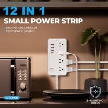 Regleta de enchufes con protector de sobretensión (1/2 unidad): 8 tomas de corriente con 4 puertos USB (1 USB C), extensor de enchufes con enchufe plano, montaje en pared, estación de carga USB de escritorio - Tipo de Enchufe B USA (110-127V) - Ver 5
