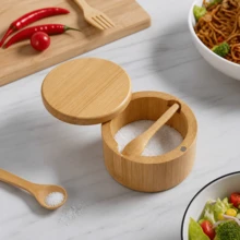 Acacia Wood Salt Cellar With Built-In Spoon, Dust-Proof; Elegant Kitchen Salt Container With Rotating Magnetic Lid, Suitable For Storing Pepper, Spices, Bath Salts, Sea Salt, Etc., 6oz - Khaki - View 5