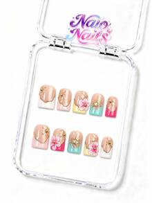 NAIO 10pcs/Set Y2K Handmade Press-On Nails, 3 Sizes Almond/Coffin/Short Square, Macaron Color French 3D Flower Gold Sun Metal Decor Fake Nails, Light-Cured, Salon-Grade Natural Nails, 10-Minute Quick Daily Wear (Includes Glue And Nail File) - Multicolor - View 19