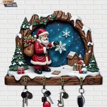 1PC 2D Flat Christmas Snow Scene Wooden Key Holder, With 4 Metal Hooks, Suitable For Wall Decor, Porch Decor, Room Decor, Villa Decor And Seasonal Home Decor, Wooden Key Rack - Multicolor - View 6
