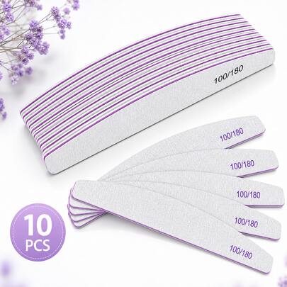 10PCS Professional Nail File Set, 100/180 Grit Double-Sided Emery Boards For Natural, Acrylic And Gel Nails, Durable Manicure Buffing And Shaping Tools, Curved Edge Nail Care Accessories For Home DIY And Salon Use
