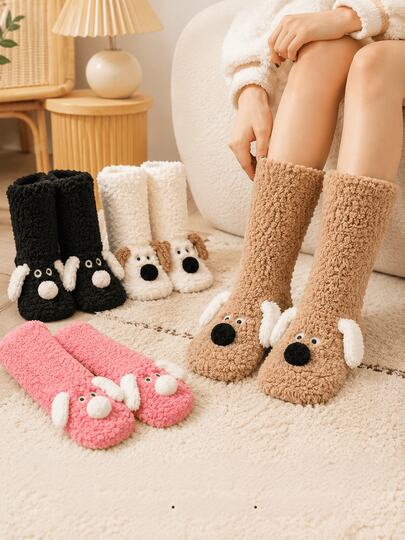 Women's Winter Plush Socks, Cute Dog Pattern, Thickened Coral Fleece Indoor House Slippers Socks, Soft Warm Non-Slip Floor Socks, Suitable For Sleep And Leisure, Comfortable Home Essential, Holiday Gift And Christmas Gift