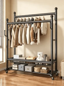 1pc Double‑Layer Metal Garment Rack‑Double Rod Clothes Drying Rack With Wheels, Equipped With Storage Basket And Hooks, Large Capacity, Stable Structure, Space‑Saving,Freestanding Clothes Hanger,Suitable For Bedroom,Living Room,Entryway,And Dormitory - Multiple Specifications - View 6