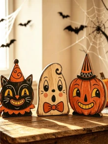 3pcs/1pc Vintage Wooden Halloween Tiered Tray Decor, Ghost Cat Pumpkin Desktop Ornament, Distressed Spooky Farmhouse Style Fireplace Window Sill Indoor Autumn Holiday Decoration - Multi-color - View 12