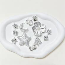 12pcs Silver Shoe Charms (Large Flower, Star, Moon, Christmas Tree, Shell, Square Rhinestone) Suitable For Women's Ballet Style Perforated Slippers And Sandals DIY Decoration, Perfect Fashion Accessory - Silver - View 1
