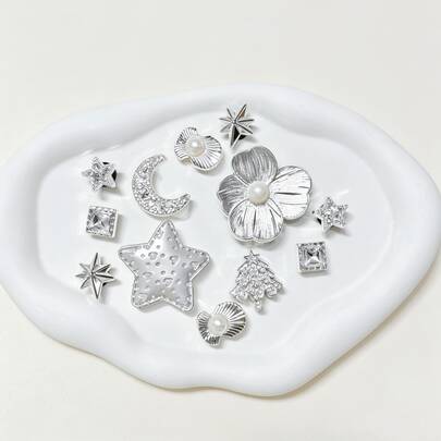 12pcs Silver Shoe Charms (Large Flower, Star, Moon, Christmas Tree, Shell, Square Rhinestone) Suitable For Women's Ballet Style Perforated Slippers And Sandals DIY Decoration, Perfect Fashion Accessory