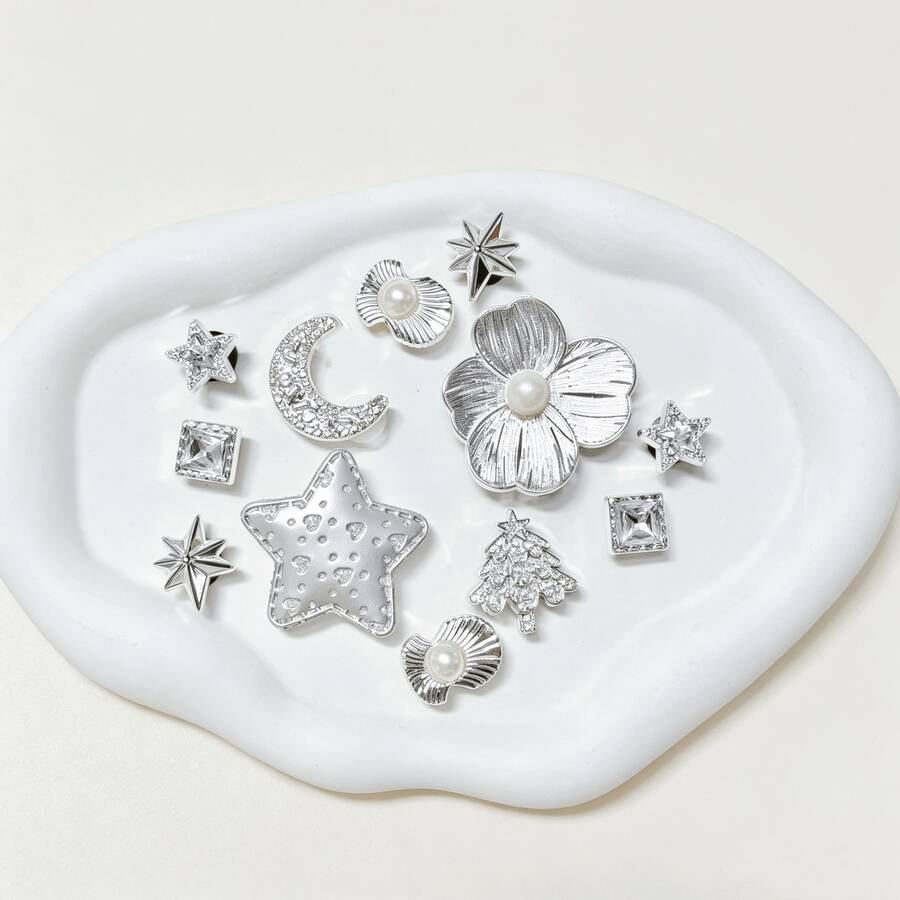 12pcs Silver Shoe Charms (Large Flower, Star, Moon, Christmas Tree, Shell, Square Rhinestone) Suitable For Women's Ballet Style Perforated Slippers And Sandals DIY Decoration, Perfect Fashion Accessory - Silver - View 1