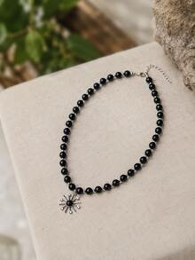 1pc Niche Unisex Black Beaded Radial Sun Pendant Necklace For Men And Women - Black - View 2