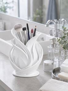 1pc White Floral Cosmetic Storage Cup, Hollow Streamlined Design Decorative Makeup Brush And Lipstick Holder, Space-Saving Beauty Tool Rack, Suitable For Bathroom Countertop, Vanity Or Bedroom; Cosmetic Storage Rack, Brush Holder, Bathroom Decor - Multicolor - View 1