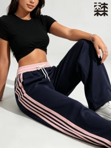 mulinsen Women's Sports Pants, Pink Side Contrast Stripes, Elastic Drawstring Waist, Suitable For Running, Gym, Streetwear - Navy Blue - View 5