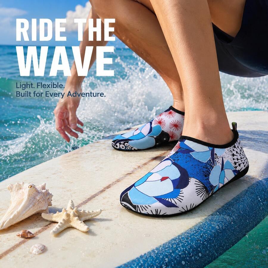 Outdoor Sports Water Shoes, Blue Floral Pattern, Suitable For Water Sports, Swimming, Surfing, Diving Essential Equipment, Quick-Drying Breathable Upper, Non-Slip Wear-Resistant Rubber Sole
