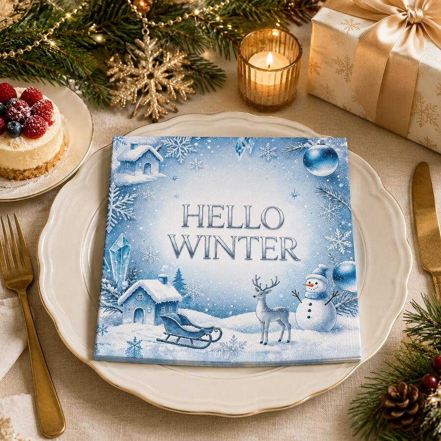 10/30/50‑Count Blue Snowflake Party Napkins, Blue Snowflake, Snowman, Elk & Sleigh Pattern Design, 6.5‑Inch Double‑Layer Thickened, Ideal For Christmas, Winter And New Year - View 1