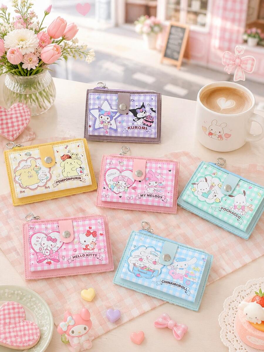SANRIO 1pc Hello Kitty Character Small Wallet For Women Girls, Cute Compact Mini Bifold Card Holder With Zipper Coin Pocket, Snap Closure And Keychain Ring - Multicolor - View 1