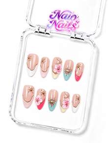 NAIO 10pcs/Set Y2K Handmade Press-On Nails, 3 Sizes Almond/Coffin/Short Square, Macaron Color French 3D Flower Gold Sun Metal Decor Fake Nails, Light-Cured, Salon-Grade Natural Nails, 10-Minute Quick Daily Wear (Includes Glue And Nail File) - Multicolor - View 14