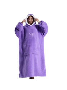 Large Hooded Blanket Bathrobe, Soft Fluffy Coral Fleece Long Robe, White Lambswool Lining, Hooded, Leaf Embroidery Detail, Large Front Pocket, Loose Warm, Suitable For Sofa Leisure - Multicolor - View 23
