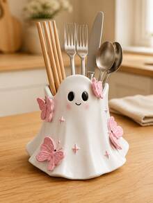 Cute Ghost Cutlery Holder With Pink Butterflies, Halloween Utensil Organizer For Forks Spoons Chopsticks, Kitchen Countertop Tableware Storage, Dining Table Decor, Fall Home Decor, Housewarming Gift - Multicolor - View 2