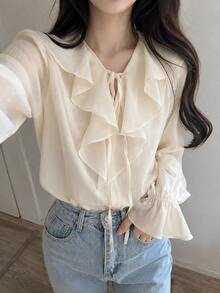 YEAE | Women's Solid Color Ruffle Collar Front Tie Long Sleeve Elegant Blouse - Cream - View 1