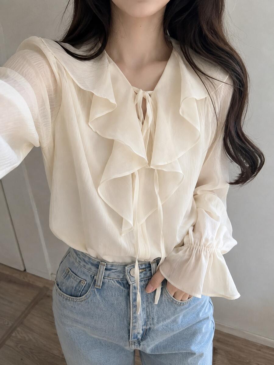 YEAE | Women's Solid Color Ruffle Collar Front Tie Long Sleeve Elegant Blouse - Cream - View 1