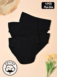 Teowryxou 4pcs Plus Size Women Black Ribbed Cotton Blend Mid Rise Triangle Panties, Soft Stretch Breathable Solid Briefs, Daily Underwear Pack - Black - View 5