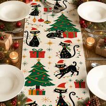 1pc Christmas Theme Table Runner, Christmas Tree & Black Cat Design - Durable Polyester Fabric, Suitable For Christmas Holiday, Home Decor, Theme Party And Gathering Style Decoration, Christmas Holiday Gift! - Multicolor - View 4