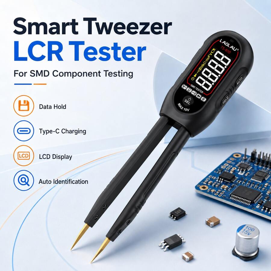 Digital Tweezer Tester, Automatic Resistor Capacitor Diode And Inductor Tester With Data Hold, Large LCD Display, Type-C Rechargeable, Gold-Plated Test Tips For SMD Components, Circuit Board Testing And Electronics Repair - Black - View 1