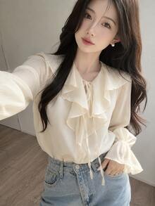 YEAE | Women's Solid Color Ruffle Collar Front Tie Long Sleeve Elegant Blouse - Cream - View 5