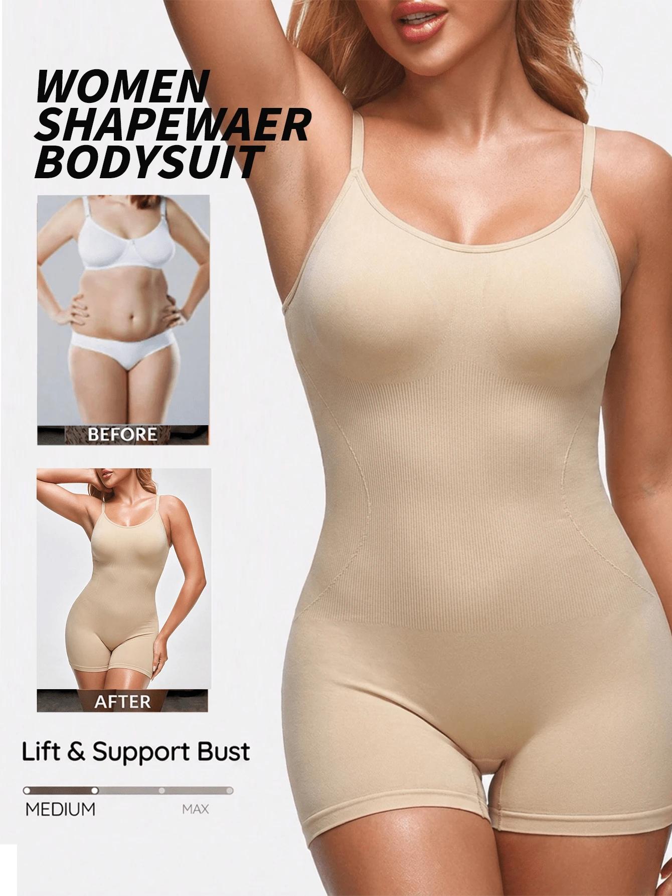 1pc Nude Plus Size Adjustable Spaghetti Strap Deep U Back Romper, Bust Support Tummy Control Waist Shaping Hip Lift, Ribbed High Elastic Seamless Body-Hugging Soft Breathable Shapewear, Dress Inner Layer Home Sports Streetwear Daily Halloween Layering Base Layer - Apricot - View 1
