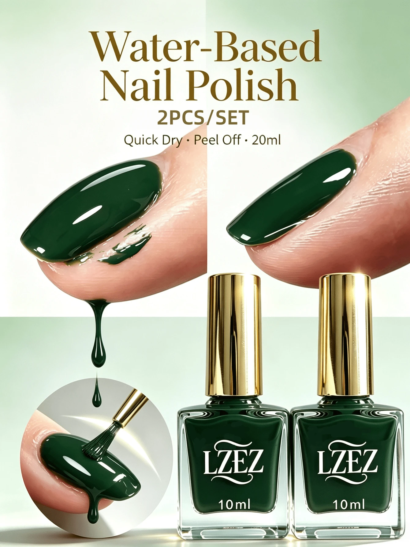 LZEZ Water‑Based Bright Top Coat 2‑Pack Total 20ml, Gloss Shine Nail Finish, Long‑Lasting Nail Surface Protection