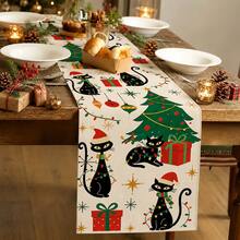 1pc Christmas Theme Table Runner, Christmas Tree & Black Cat Design - Durable Polyester Fabric, Suitable For Christmas Holiday, Home Decor, Theme Party And Gathering Style Decoration, Christmas Holiday Gift! - Multicolor - View 1