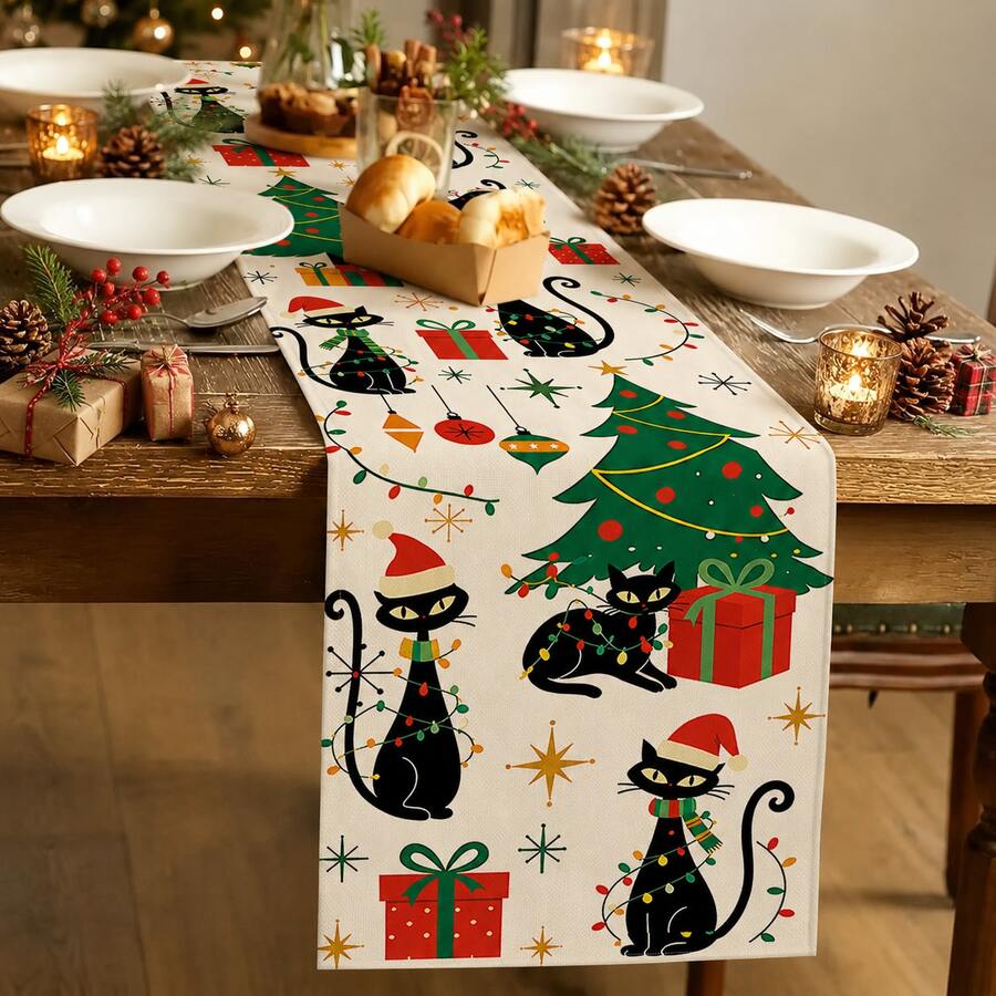 1pc Christmas Theme Table Runner, Christmas Tree & Black Cat Design - Durable Polyester Fabric, Suitable For Christmas Holiday, Home Decor, Theme Party And Gathering Style Decoration, Christmas Holiday Gift! - Multicolor - View 1