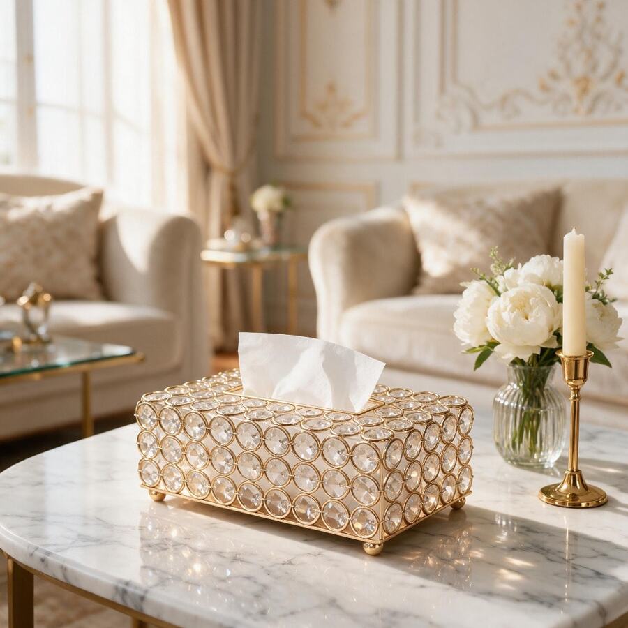 1pc European Creative Crystal Tissue Box, Suitable For Home, Living Room, Dining Room Tabletop, Napkin Storage, Home Decor, Organization, Bathroom Decor, Bathroom Storage, Autumn Decor, Back To School Decor - Gold - View 1