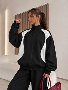 Women's Color Block Zip Up Sweatshirt Jacket, Black & White Contrast Track Jacket, Casual Winter Clothes For Women - Black - View 2