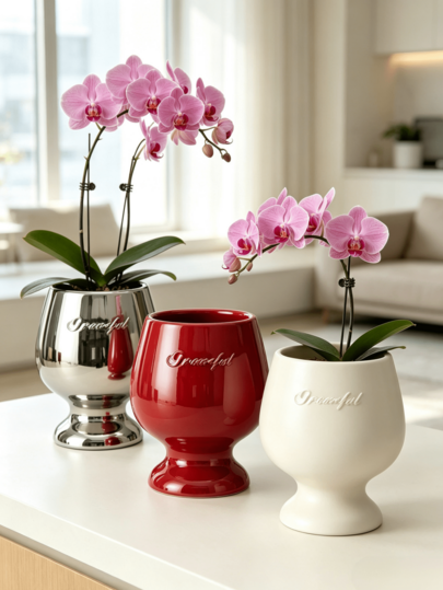 1 pieza Maceta de cerámica de lujo vintage con relieve de letras y pie alto, maceta dedicada para orquídea Phalaenopsis, maceta de cultivo de plantas verdes para sala de estar, contenedor de plantas verdes de alta gama para escritorio, adorno de decoración del hogar