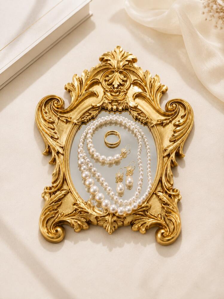 Vintage Gold Oval Mirror Jewelry Tray, Baroque Carved Vanity Organizer For Rings, Earrings, Necklaces, Bracelets And Pearls, Elegant French Style Dresser Decor, Luxury Gift For Women - Selected Items - View 2