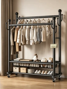 1pc Double‑Layer Metal Garment Rack‑Double Rod Clothes Drying Rack With Wheels, Equipped With Storage Basket And Hooks, Large Capacity, Stable Structure, Space‑Saving,Freestanding Clothes Hanger,Suitable For Bedroom,Living Room,Entryway,And Dormitory - Multiple Specifications - View 1