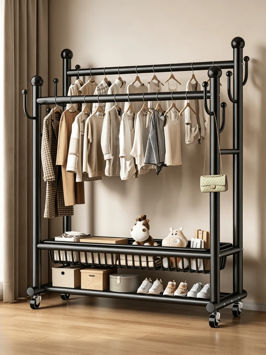 1pc Double‑Layer Metal Garment Rack‑Double Rod Clothes Drying Rack With Wheels, Equipped With Storage Basket And Hooks, Large Capacity, Stable Structure, Space‑Saving,Freestanding Clothes Hanger,Suitable For Bedroom,Living Room,Entryway,And Dormitory - Multiple Specifications - View 1
