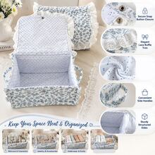 Cream White Base Blue Floral Quilted Storage Basket, Available In Multiple Sizes, Lace Ruffle Flap Design, Fabric Organizer Bin For Vanity Cosmetics - View 3