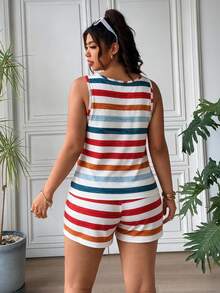 طقم بيجامة نسائي ربيع/صيف ملون بخطوط، توب بدون أكمام وشورت، طقم ملابس منزلية من قطعتين مقاس كبير - متعدد الألوان - مشاهدة 2