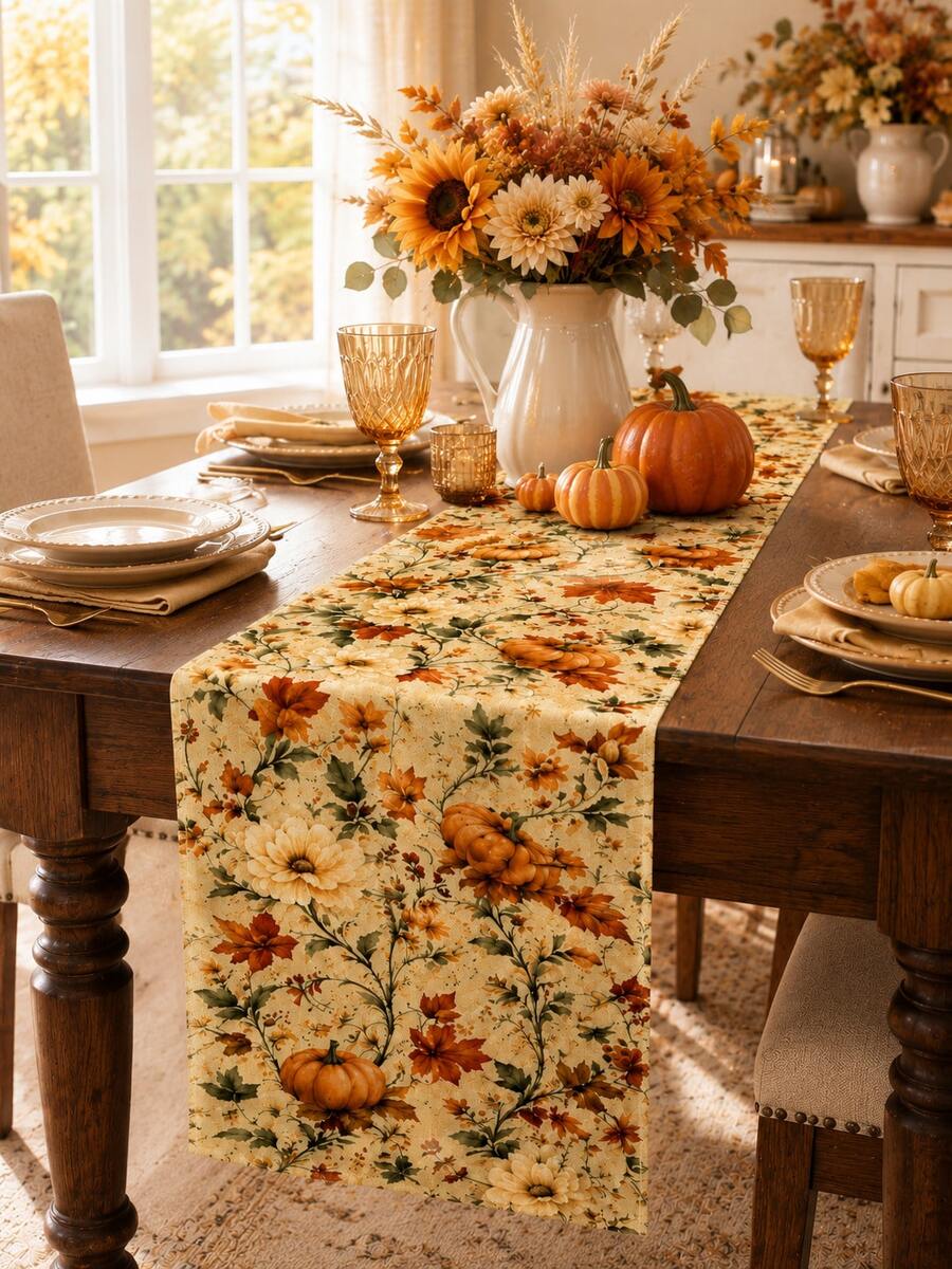 Fall Pumpkin Maple Leaf Table Runner, Autumn Sunflower Floral Harvest Table Runner For Thanksgiving Dinner Party Kitchen Dining Table Home Decor - Multicolor - View 1
