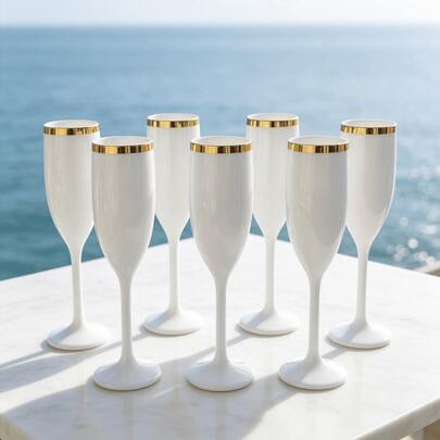 1/6/12pcs White Cups With Gold Rim Classic Stemware, Various Quantities Available, Champagne And Cocktail Soft Acrylic Material 5oz Ribbed Glassware Classic Cocktail Indoor And Outdoor, Suitable For Parties, Gatherings, Picnics, Events