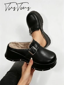 Vintage Penny Loafer Closed Toe Half-Slipper Women's Rivet Wave Thick Sole Backless Slouchy Mule Shoes - Black - View 2