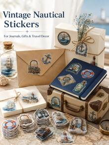 10pcs Vintage Nautical Ocean Stickers, Retro Sailboat Lighthouse Anchor Compass Patterns, Scrapbook Planner Journal Decoration, Travel Diary DIY Crafts, Gift Wrapping Accessories - Multicolor - View 2