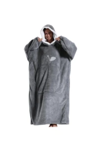 Large Hooded Blanket Bathrobe, Soft Fluffy Coral Fleece Long Robe, White Lambswool Lining, Hooded, Leaf Embroidery Detail, Large Front Pocket, Loose Warm, Suitable For Sofa Leisure - Multicolor - View 20