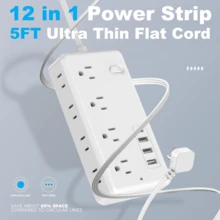 Regleta de enchufes con protector de sobretensión (1/2 unidad): 8 tomas de corriente con 4 puertos USB (1 USB C), extensor de enchufes con enchufe plano, montaje en pared, estación de carga USB de escritorio - Tipo de Enchufe B USA (110-127V) - Ver 4