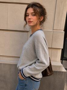College Style Contrasting Striped Round Neck Knitted Sweater For Women's Autumn And Winter Casual Loose Daily Pullover Top Versatile - Grey - View 4