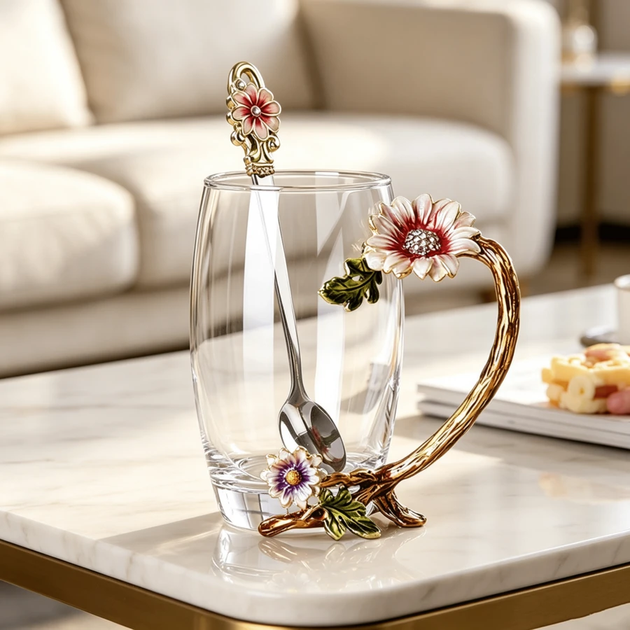 Decorative Enamel Sunflower Lead‑Free Crystal Glass Tea Cup & Spoon Set, Elegant Beverage Drinking Glassware - Transparent - View 1