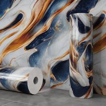 1 Rollo de Papel Tapiz Autoadhesivo de Lujo con Patrón de Mármol Azul y Borde Dorado, Textura de Onda de Moda, Papel Tapiz Autoadhesivo Impermeable y Removible, Adecuado para Decoración de Paredes de Dormitorio, Sala de Estar, Cocina, Baño, Encimera, Gabinete, Decoración del Hogar, Pegatina de Escritorio - Deep Blue Wave 1 unidad - Ver 2